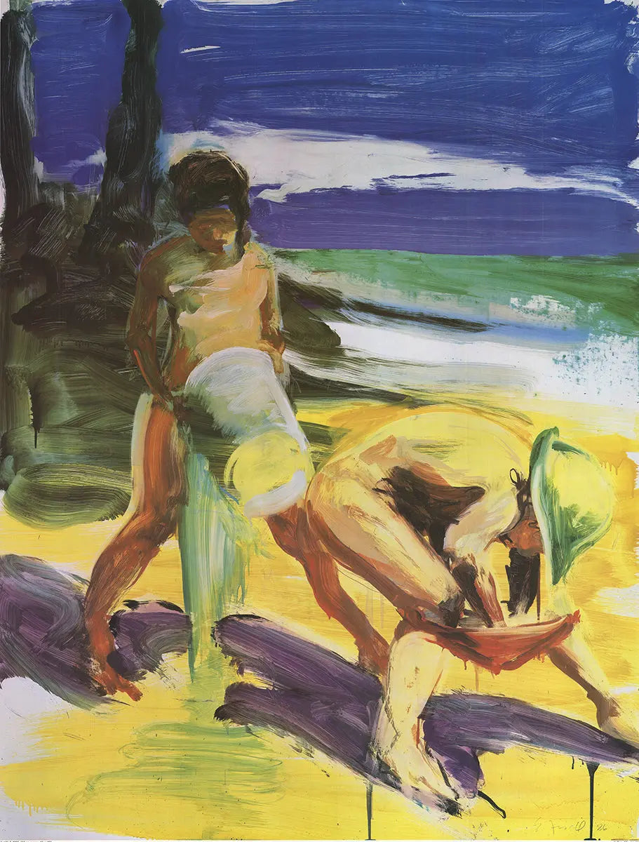 Eric Fischl Kids at the Beach 1986 lithograph poster showing children playing by the shoreline, artwork from the Whitney Museum.