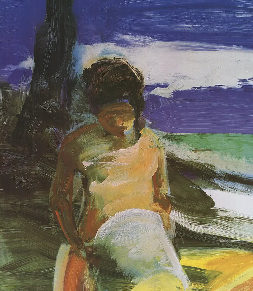Eric Fischl Kids at the Beach 1986 lithograph poster showcasing children playing on the beach, displayed at the Whitney Museum.