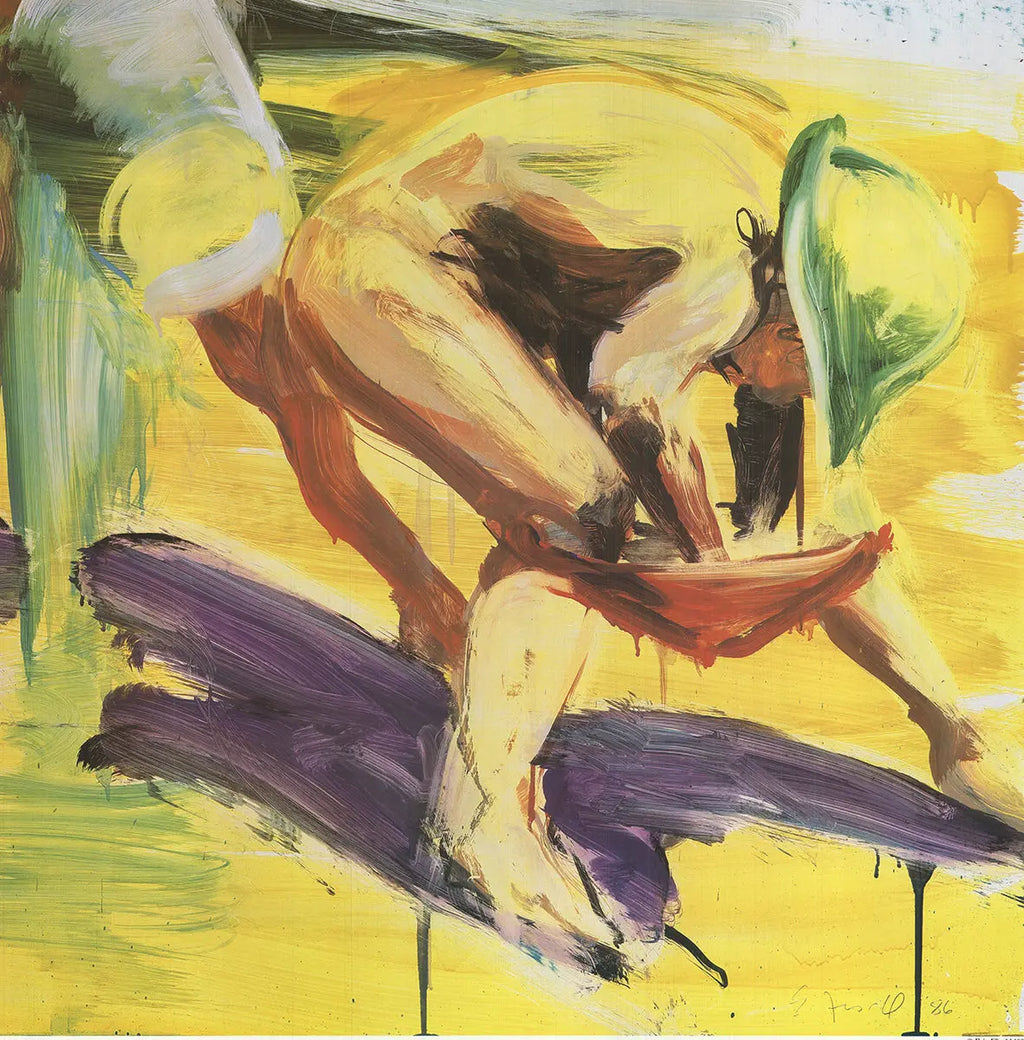 Eric Fischl Kids at the Beach 1986 lithograph poster featuring children playing on the beach, displayed at the Whitney Museum.