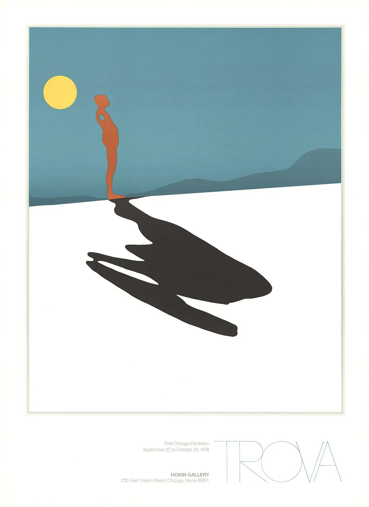 Ernest Trova Male Figure and Shadow 1991 offset lithograph poster, showing a stylized male figure with shadow in bold black and white.