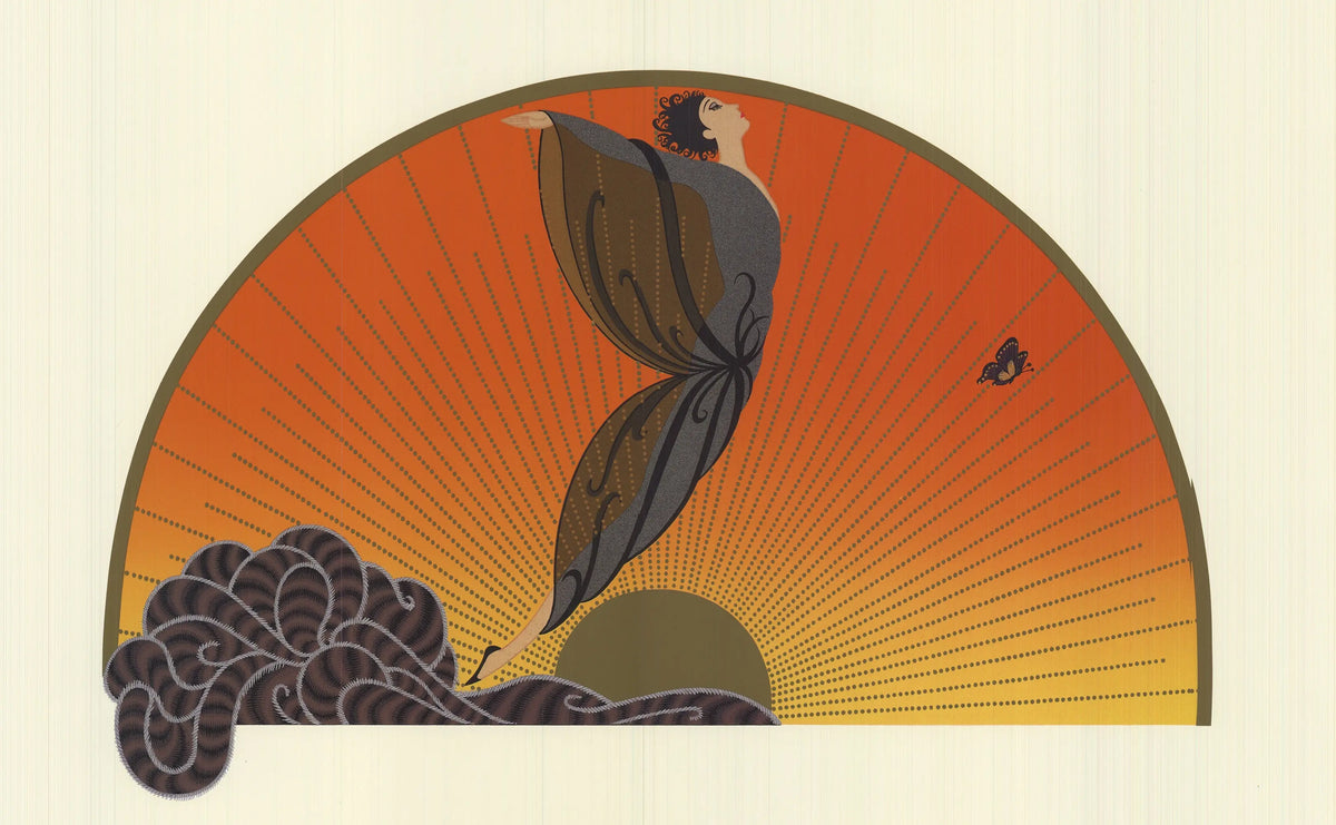 Limited edition Erté Sunrise Art Deco lithograph poster from 1992 featuring vibrant design and elegant vintage style.