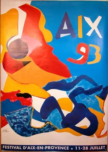 Large 1993 Festival de Aix-En-Provence Esteve serigraph poster featuring vibrant artwork and detailed design in a classic style.
