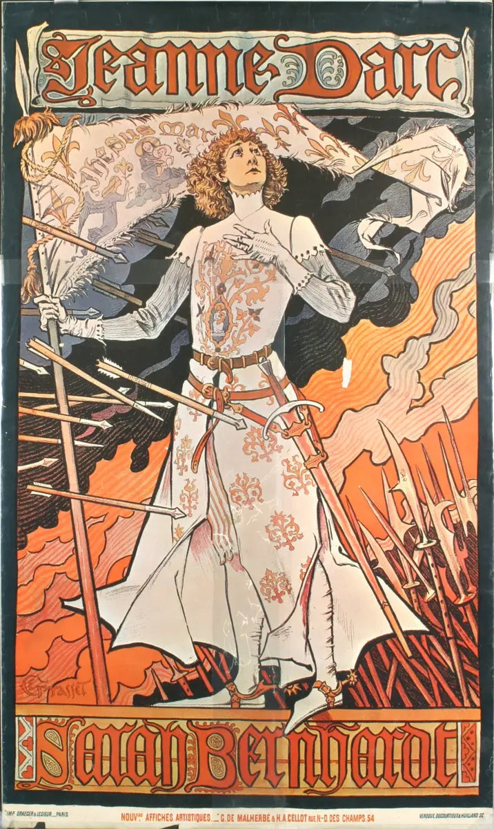 Vintage 1970 Eugene Grasset Jeanne D'Arc offset lithograph art poster featuring intricate artwork of Jeanne D'Arc.