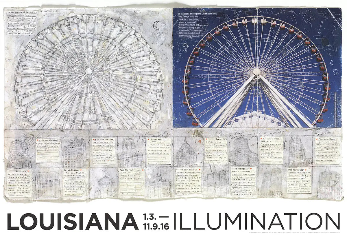 Simon Evans Louisiana exhibition poster titled "In the Arena of Vanguard Cities" featuring vibrant cityscape artwork.