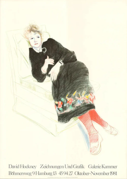 Limited edition David Hockney lithograph of Celia in a black dress, showcasing vibrant colors and artistic detail.