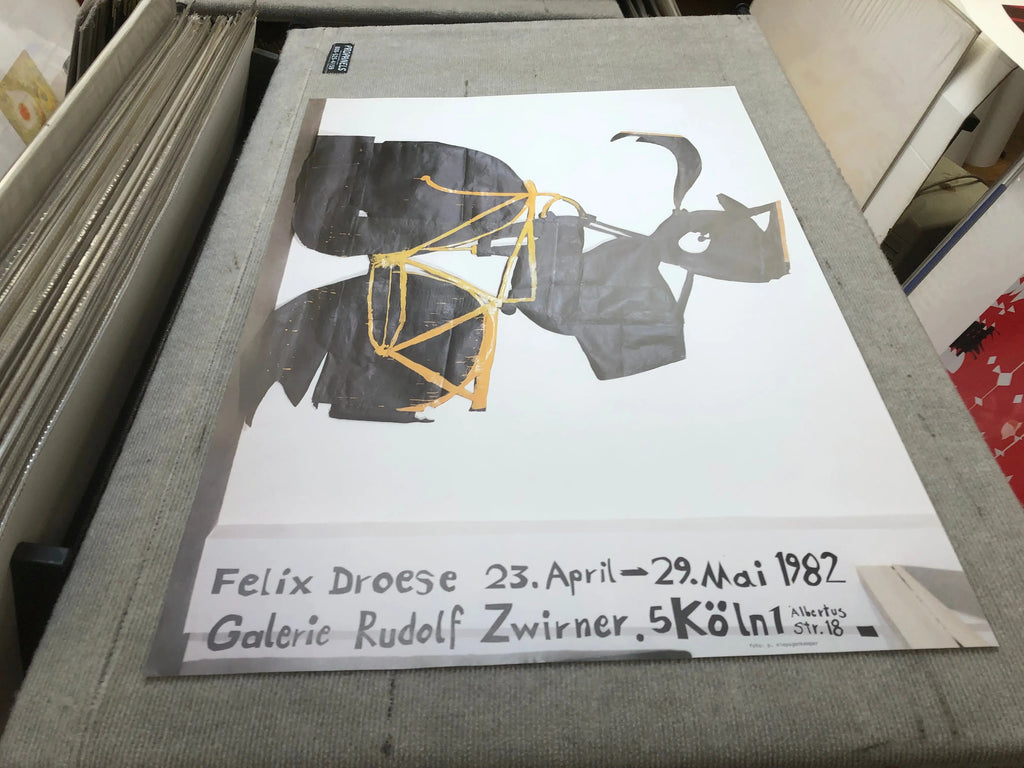 Original Felix Droese Galerie Rudolf Zwirner 1982 exhibition poster featuring abstract artwork on paper with bold graphic elements.
