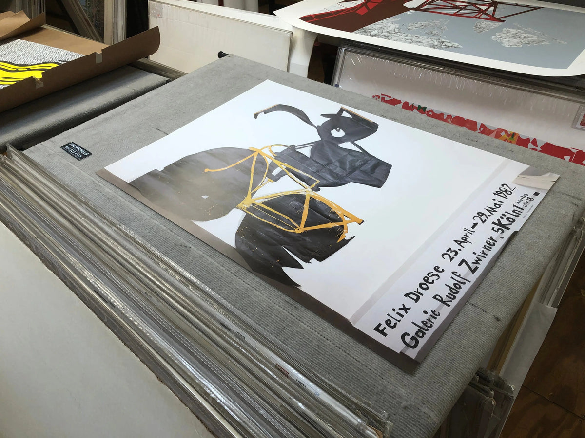 Original 1982 Felix Droese Galerie Rudolf Zwirner exhibition poster showcasing abstract artwork and bold graphic design.