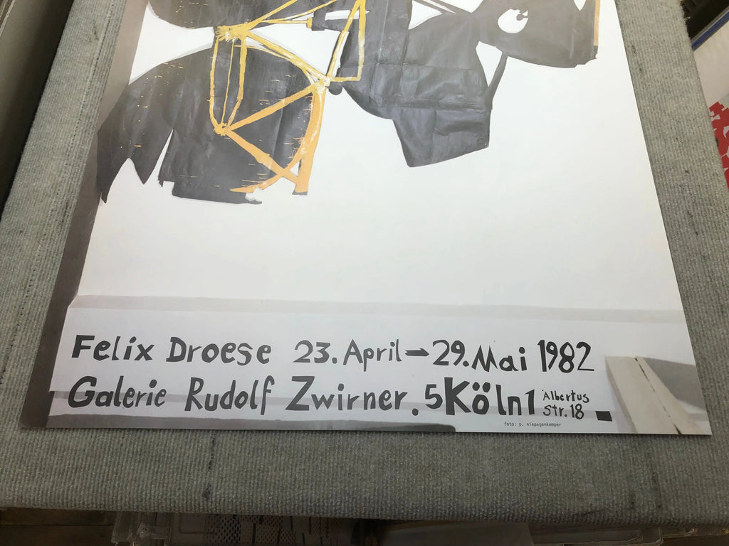 Original Felix Droese Galerie Rudolf Zwirner 1982 exhibition poster featuring abstract artwork and bold graphic design.