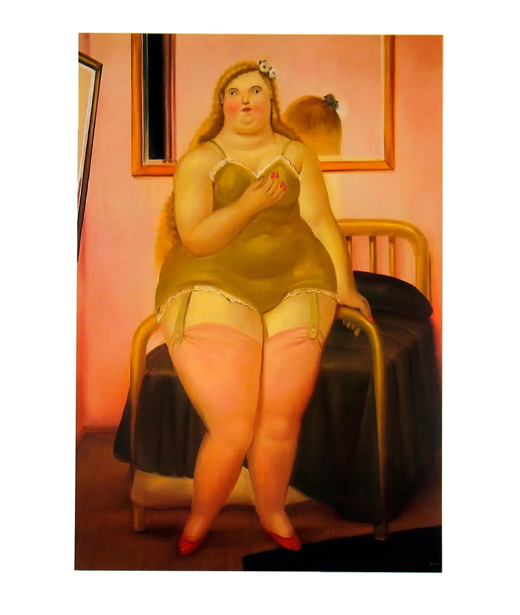 Fernando Botero La Cama II 1999 offset lithograph art poster showing Botero's signature style and vibrant colors.