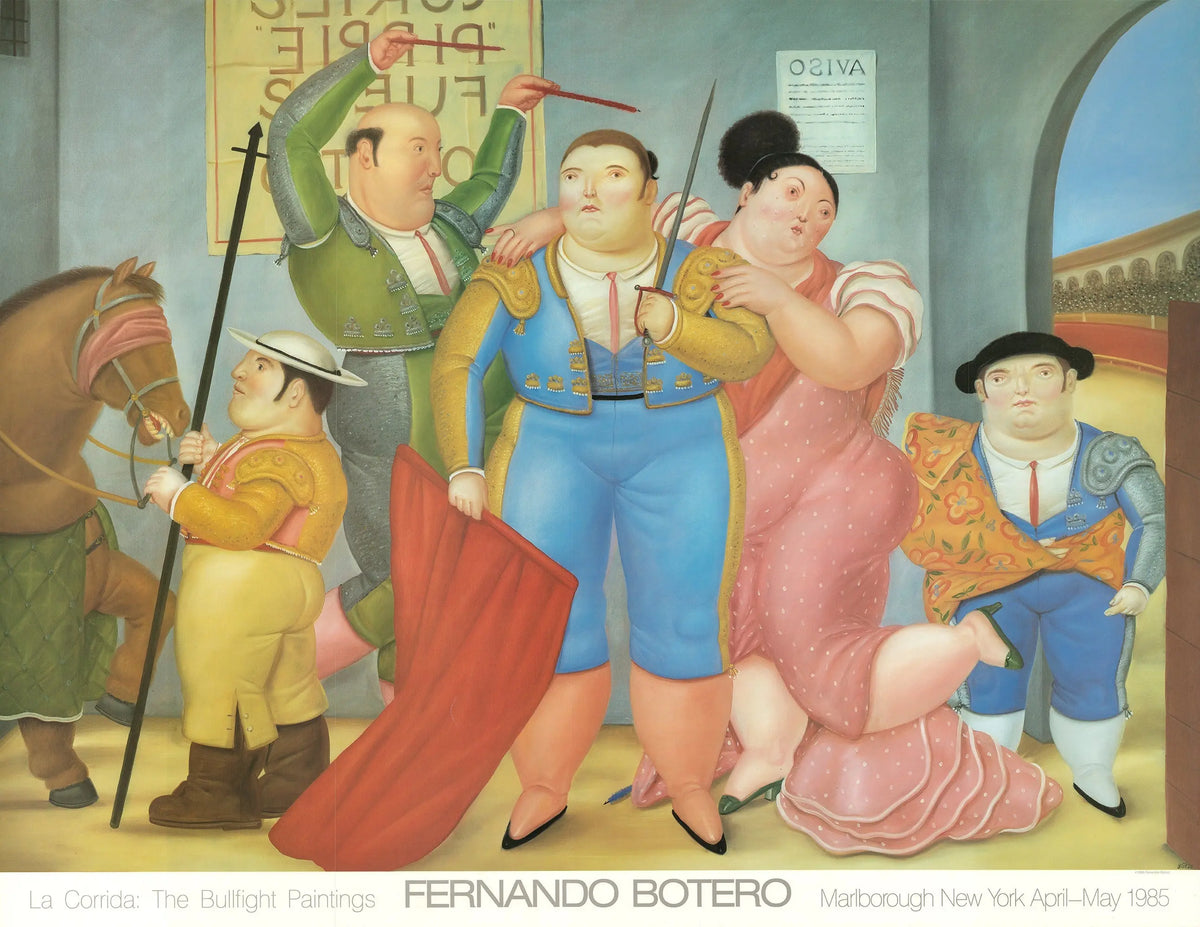 Original Fernando Botero La Corrida 1985 exhibition poster featuring vibrant artwork, from the Marlborough Gallery.