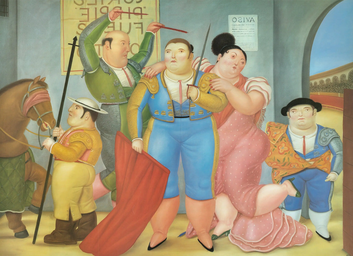 Original Fernando Botero La Corrida 1985 exhibition poster featuring vibrant artwork, displayed on a wall with visible gallery setting.
