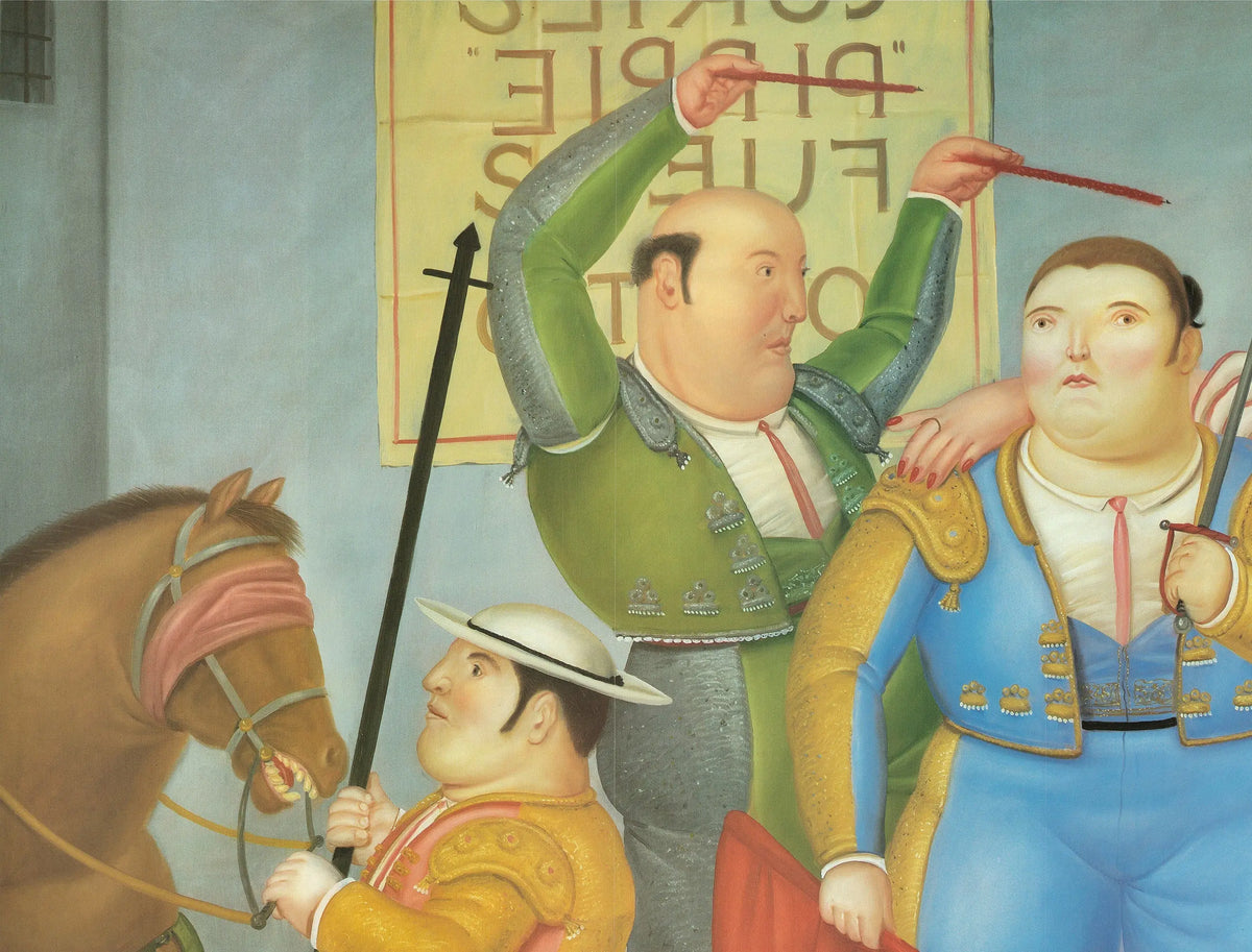 Original Fernando Botero La Corrida 1985 exhibition poster featuring vibrant artwork, displayed on a wall.