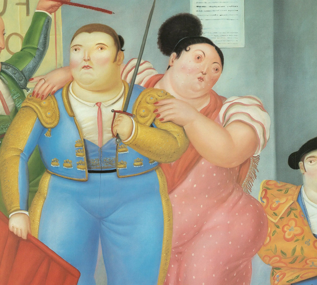 Original Fernando Botero La Corrida 1985 exhibition poster featuring vibrant artwork, displayed at Marlborough Gallery.