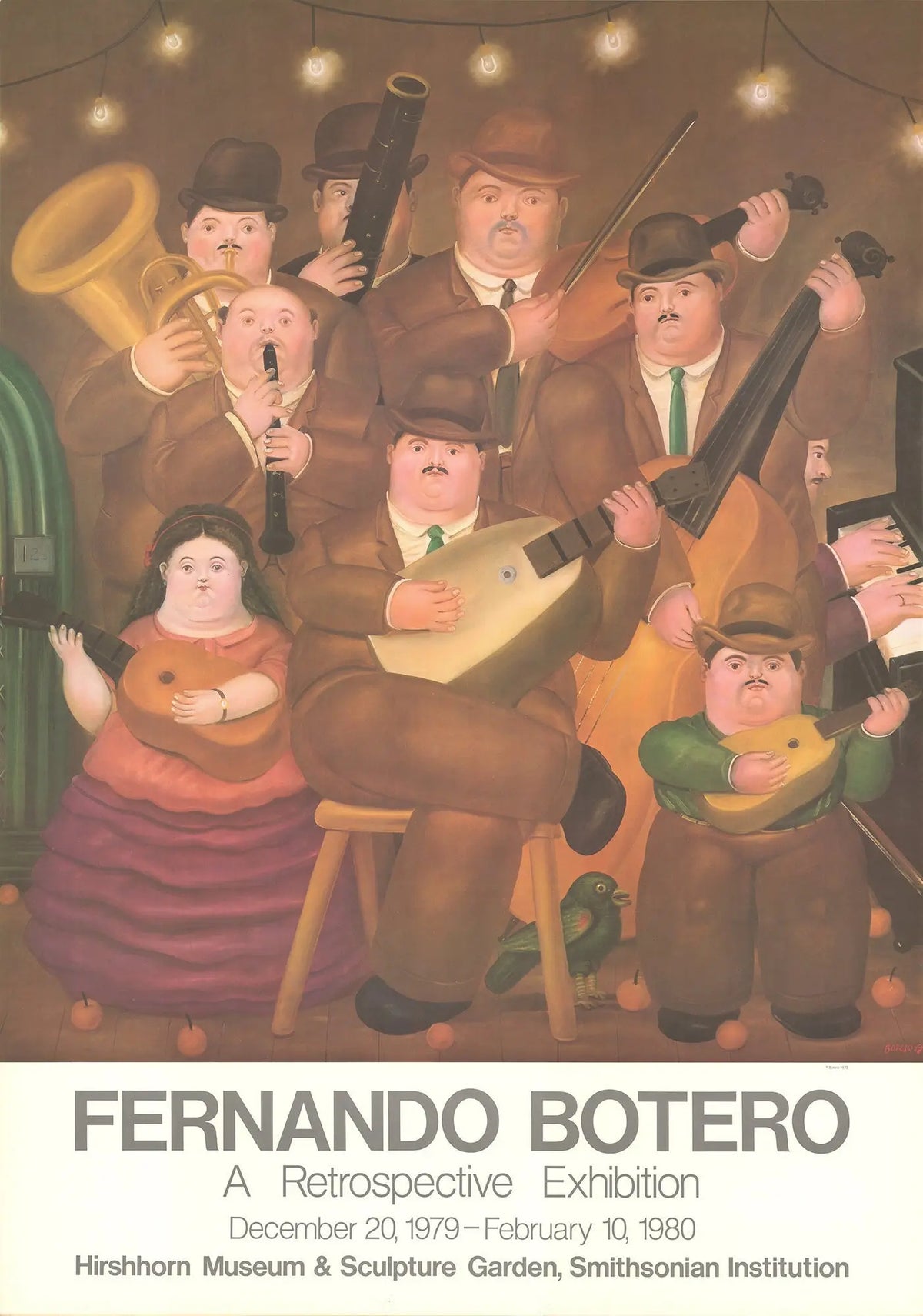 Vintage Fernando Botero Los Musicos 1980 art poster featuring bold, colorful figures from the famous exhibition artwork.