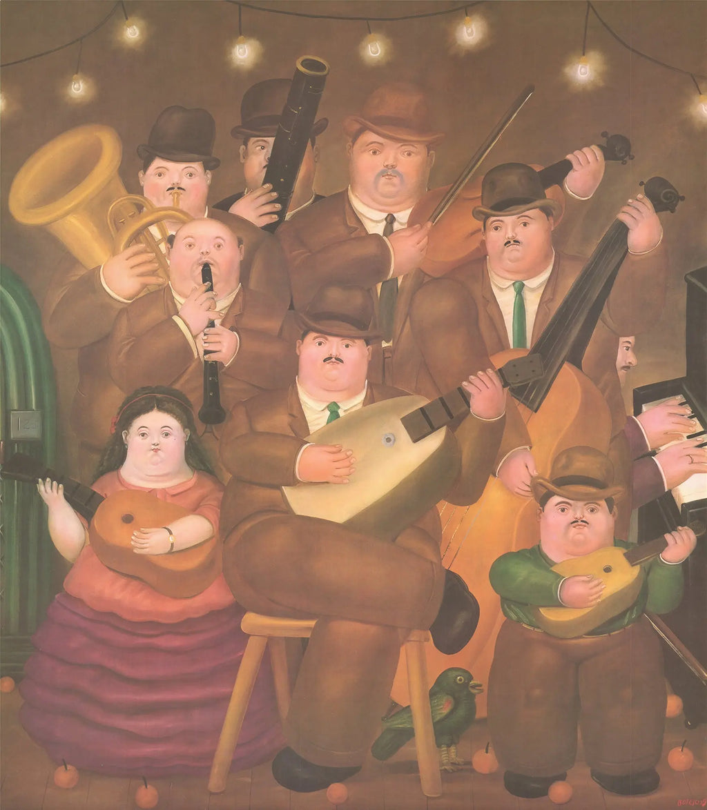 Vintage Fernando Botero Los Musicos 1980 art poster featuring bold, stylized figures from the renowned Colombian artist's exhibition.