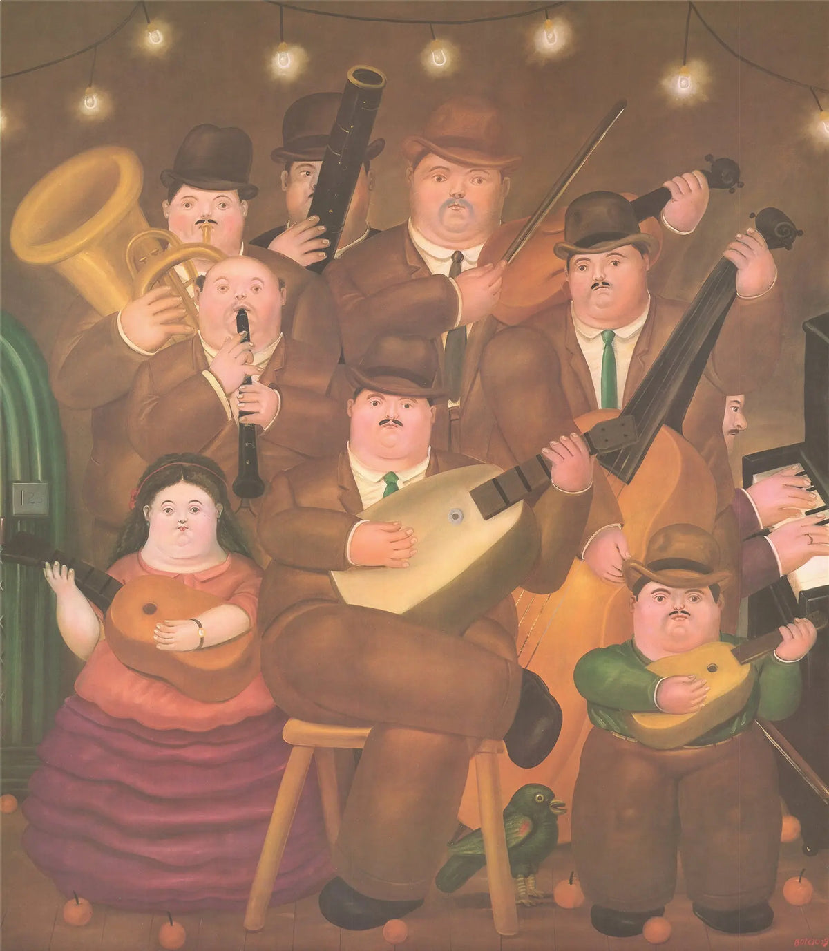 Vintage Fernando Botero Los Musicos 1980 art poster featuring bold, stylized figures from the renowned Colombian artist's exhibition.
