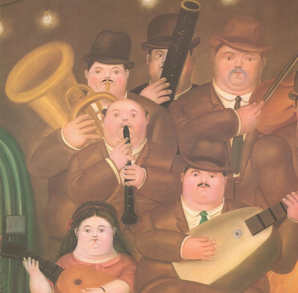 Vintage Fernando Botero Los Musicos 1980 art poster featuring his distinctive style and musical scene from a past exhibition.