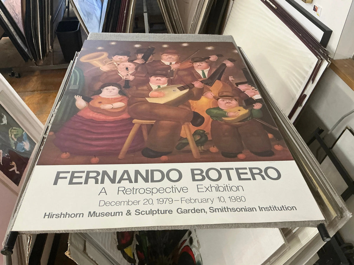 Fernando Botero Los Musicos 1980 vintage art poster featuring colorful musicians, part of the Fernando Botero exhibition collection.