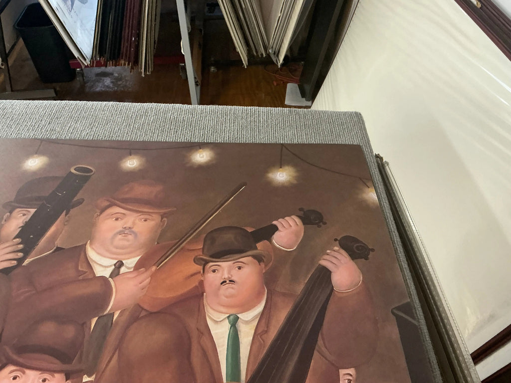 Vintage Fernando Botero Los Musicos 1980 art poster featuring bold, colorful figures from the renowned artist's exhibition.