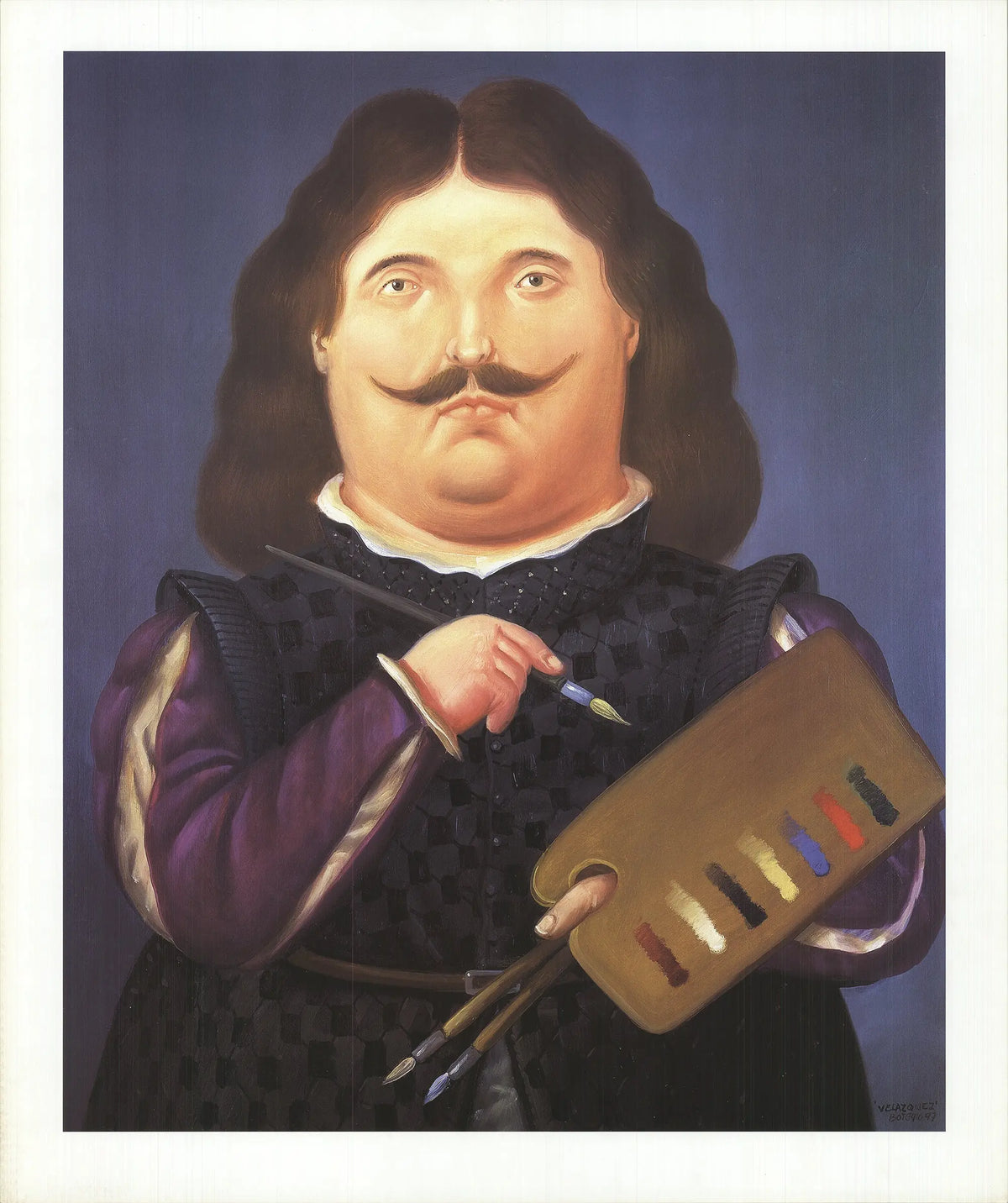 Fernando Botero portrait of Velazquez 1999 offset lithograph art poster showing bold, exaggerated figures in vibrant colors.