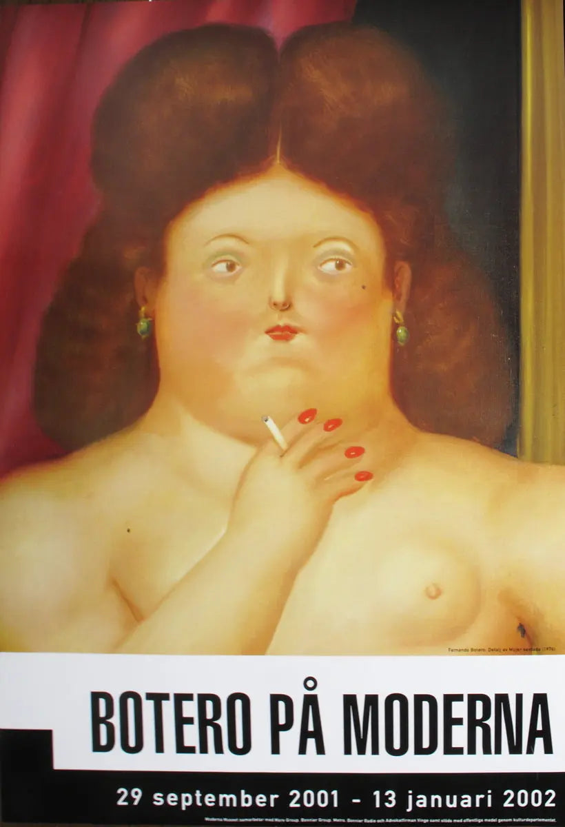 Large offset lithograph poster of Fernando Botero's Woman Smoking, 2001, featuring his signature exaggerated figures and vibrant style.