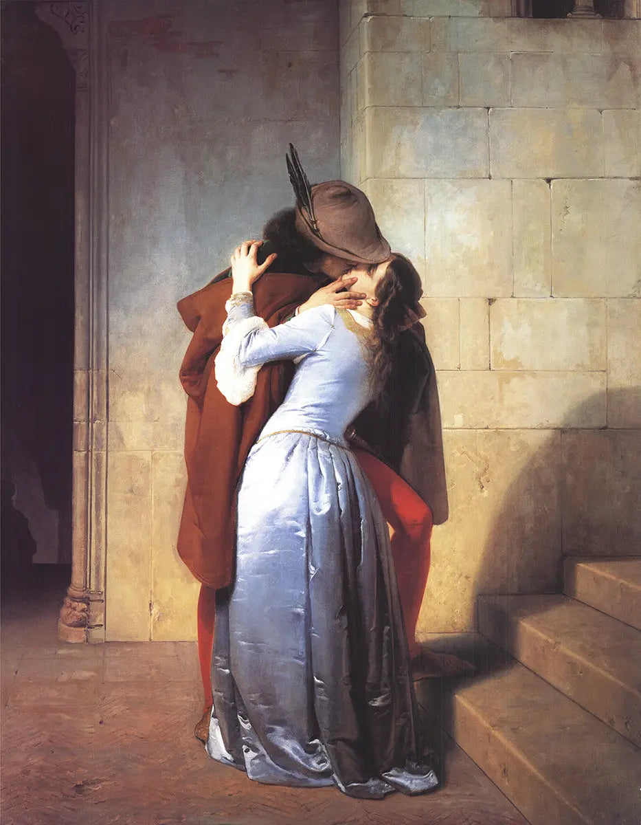 Large offset lithograph poster of Francesco Hayez's The Kiss, showcasing romantic artwork with vivid colors and detailed brushwork.