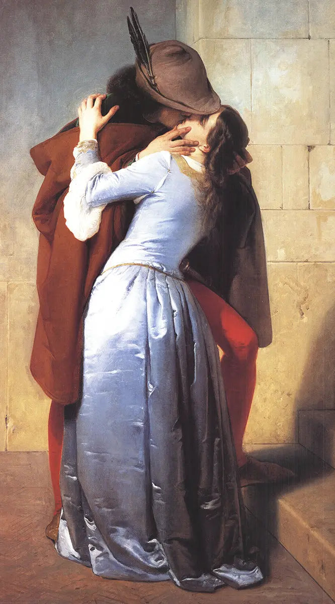 Large offset lithograph poster of Francesco Hayez's "Il Bacio The Kiss" artwork, showcasing romantic historical painting.