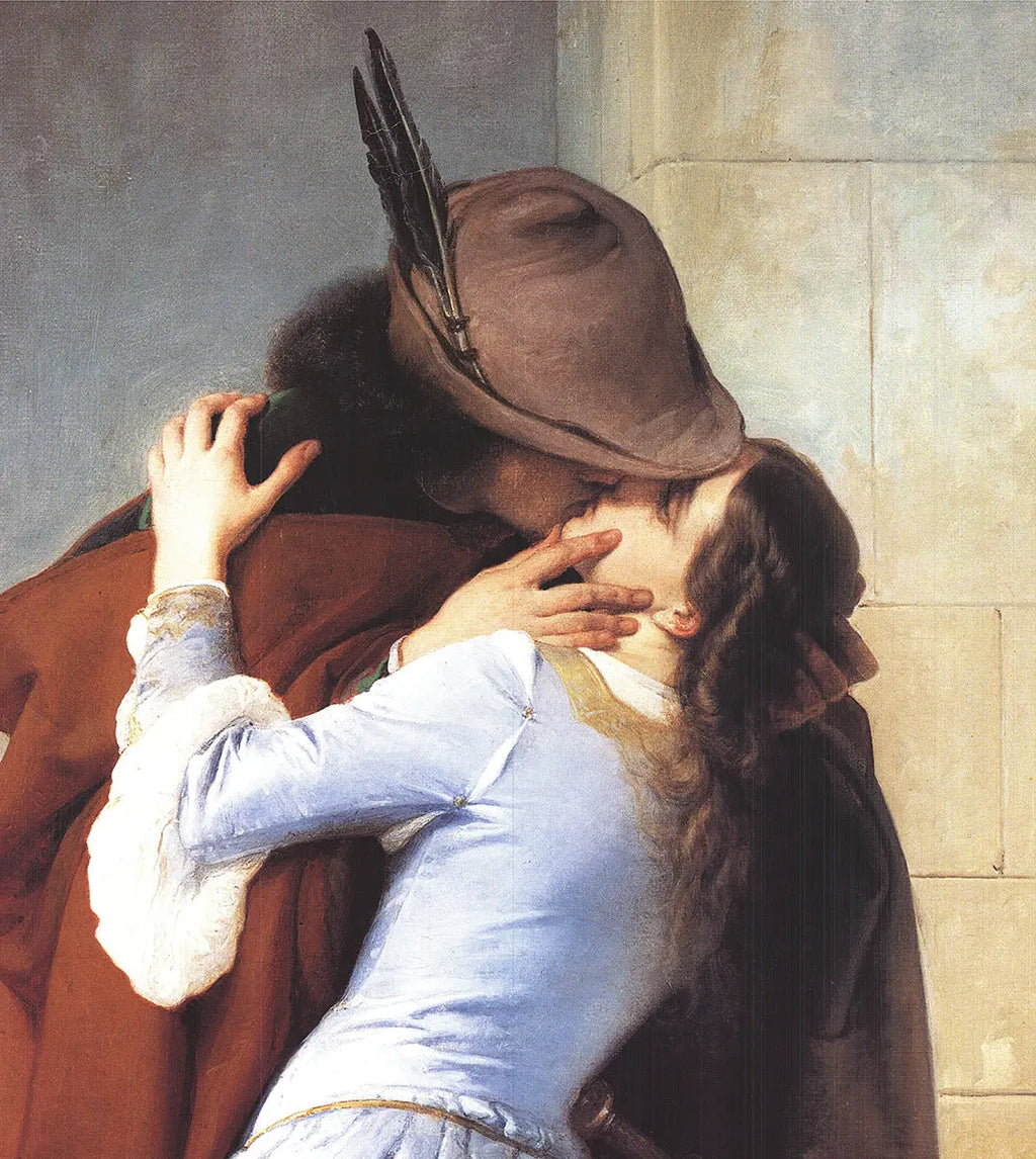 Large offset lithograph poster of Francesco Hayez's "Il Bacio" The Kiss, showcasing romantic artwork on paper.