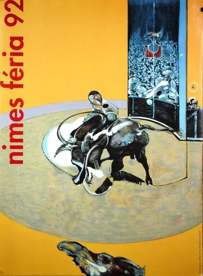 Original large serigraph poster of Francis Bacon Feria Nimes 1992 exhibition, showcasing bold abstract artwork.