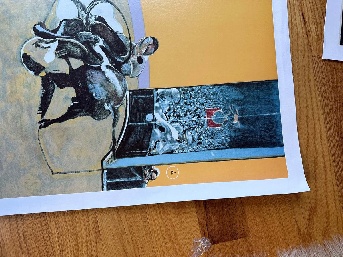 Original large exhibition serigraph poster of Francis Bacon's Feria Nimes 1992 artwork, showcasing bold colors and abstract forms.