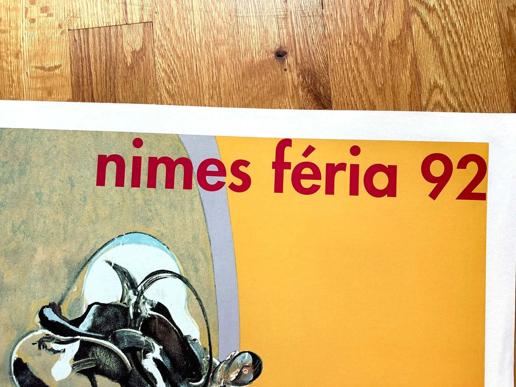 Large original serigraph poster of Francis Bacon Feria Nimes 1992 exhibition, showcasing bold artistic imagery and vibrant colors.