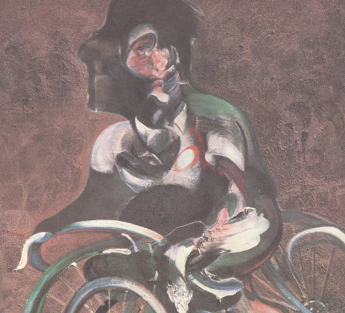 Francis Bacon Georges à Bicyclette 1995 offset lithograph art print showing abstract figures on a bicycle with bold colors and expressive style.