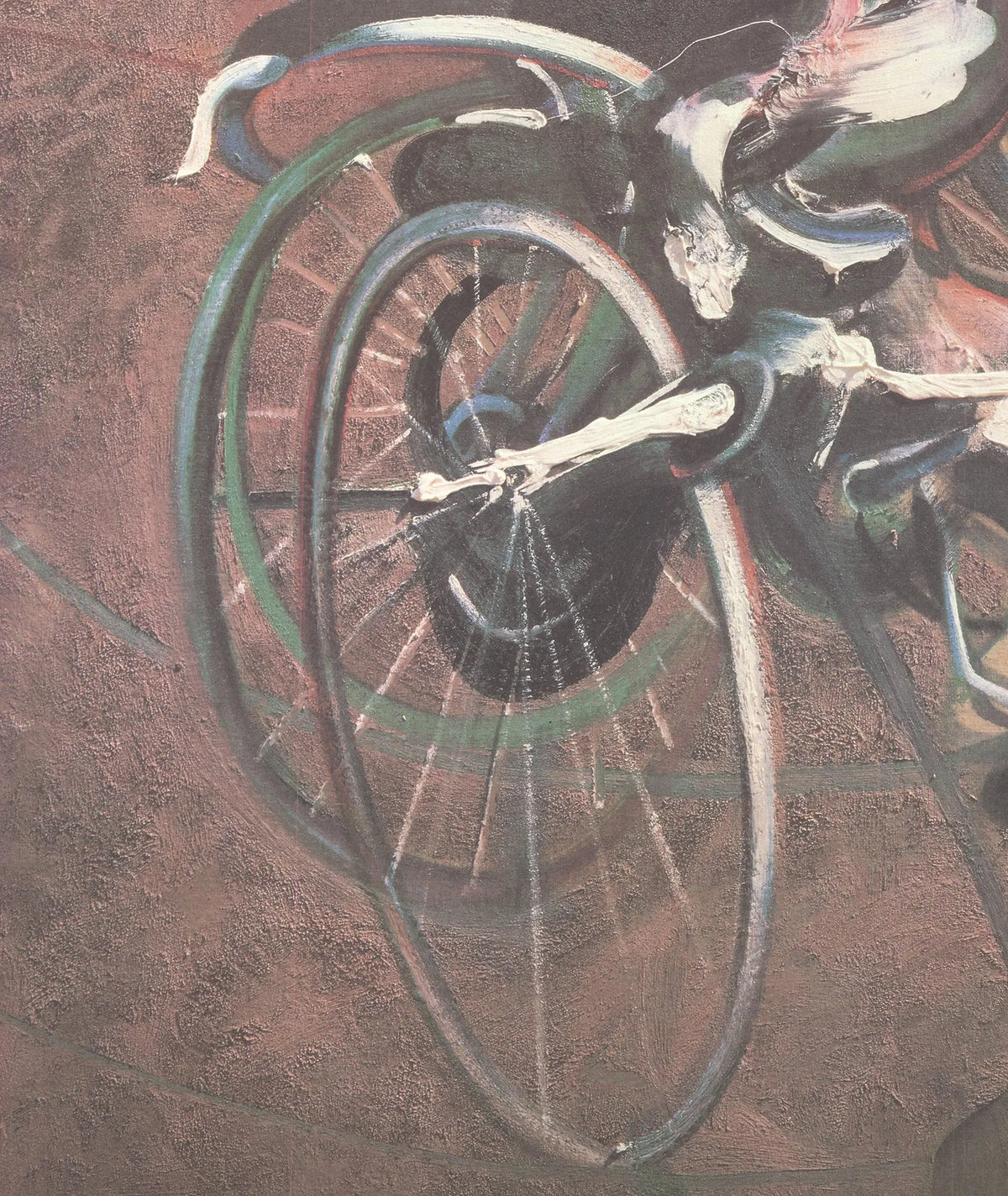 Francis Bacon Georges à Bicyclette 1995 offset lithograph art print showing abstract figure with bicycle, vibrant colors and textured details.