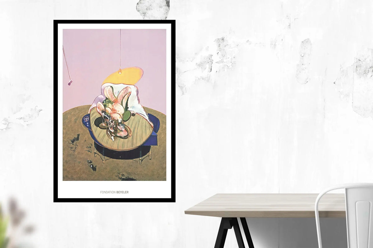 Limited edition offset lithograph of Francis Bacon's lying figure from 1969, showcasing abstract expressionist art and bold brushstrokes.