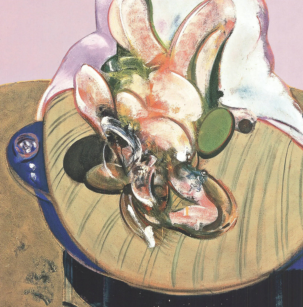 Limited edition Francis Bacon lithograph of a lying figure from 1969, showcasing abstract expressionist art in bold tones.