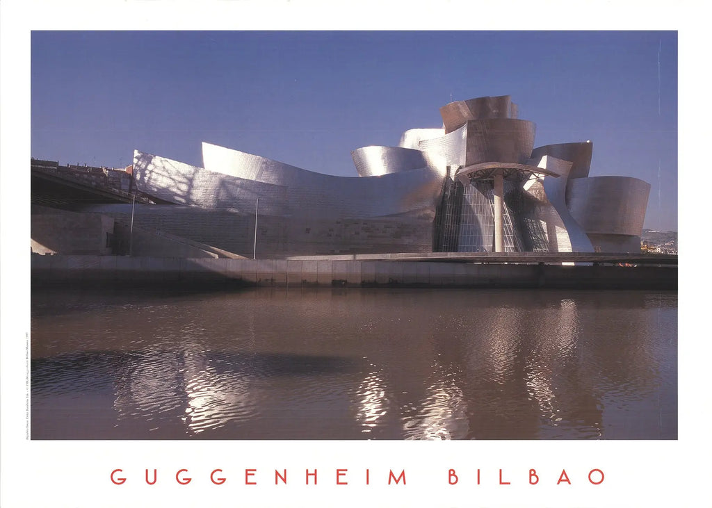 Frank Gehry Guggenheim Bilbao 1997 architectural photography art print poster showing the building's distinctive curves and modern design.