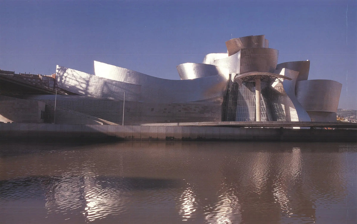 Frank Gehry Guggenheim Bilbao 1997 architectural photography art print poster showing building design in black and white