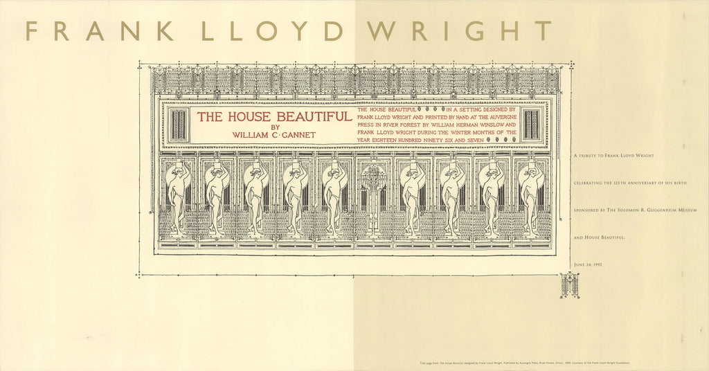Frank Lloyd Wright House Beautiful 1992 Guggenheim Exhibition poster featuring Wright's architectural artwork and design elements.