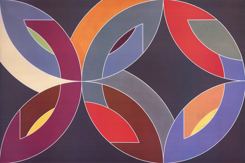 Frank Stella Lac Laronge IV 1986 offset lithograph abstract art poster, featuring bold geometric shapes and vibrant colors.
