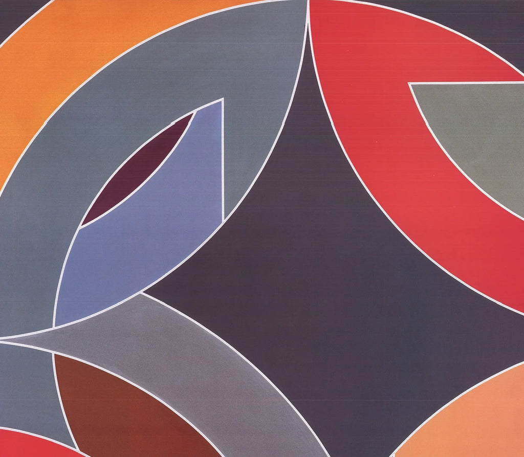 Frank Stella Lac Laronge IV 1986 offset lithograph abstract art poster showcasing bold geometric shapes and vibrant colors.