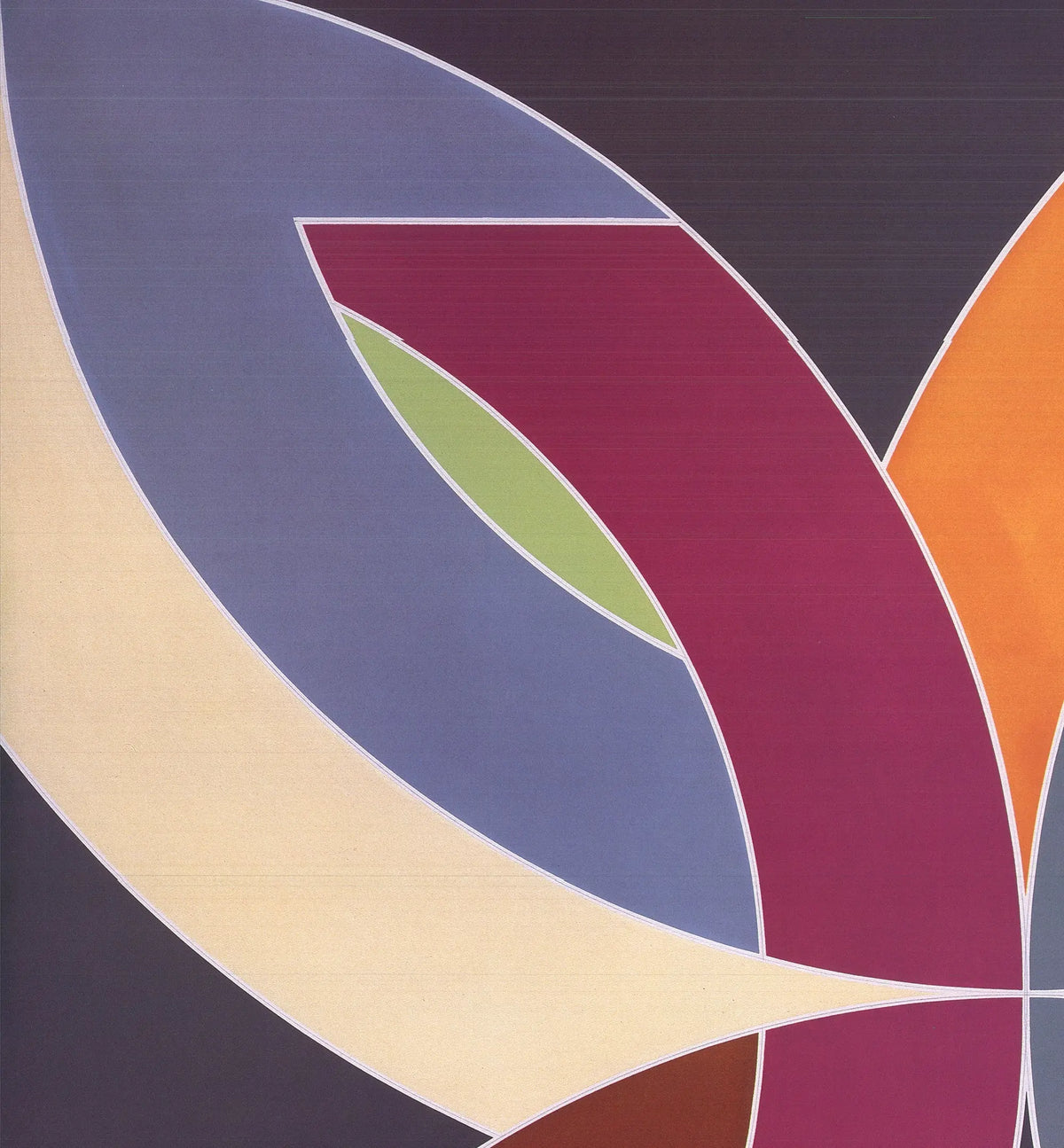 Abstract art poster of Frank Stella's Lac Laronge IV 1986 offset lithograph, featuring bold geometric shapes and vibrant colors.
