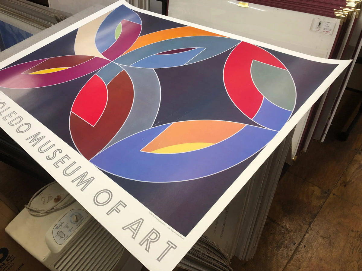 Frank Stella Lac Laronge IV 1986 offset lithograph abstract art poster, featuring bold geometric shapes and vibrant colors.