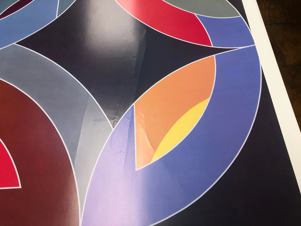 Frank Stella Lac Laronge IV 1986 offset lithograph abstract art poster with bold geometric shapes and vibrant colors.