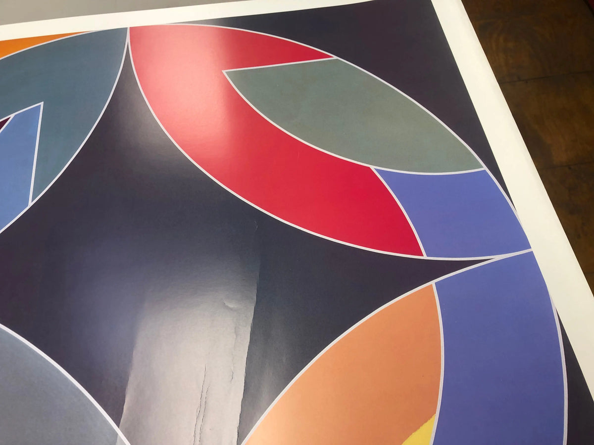 Frank Stella Lac Laronge IV 1986 offset lithograph abstract art poster showcasing geometric shapes and vibrant colors.