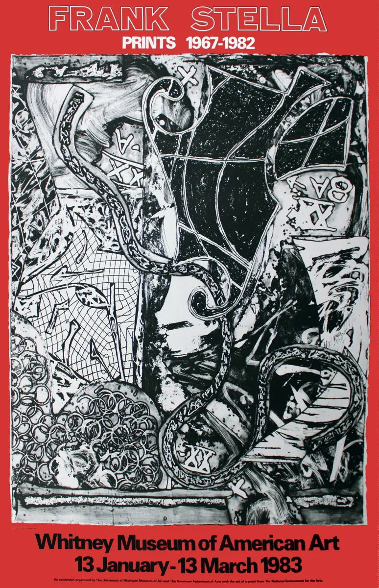 Original Frank Stella lithograph print from the 1967-1982 Whitney Museum exhibition, showcasing abstract geometric artwork.