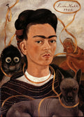 Frida Kahlo self-portrait with monkey offset lithograph art poster print showcasing vibrant colors and detailed portrait artwork.