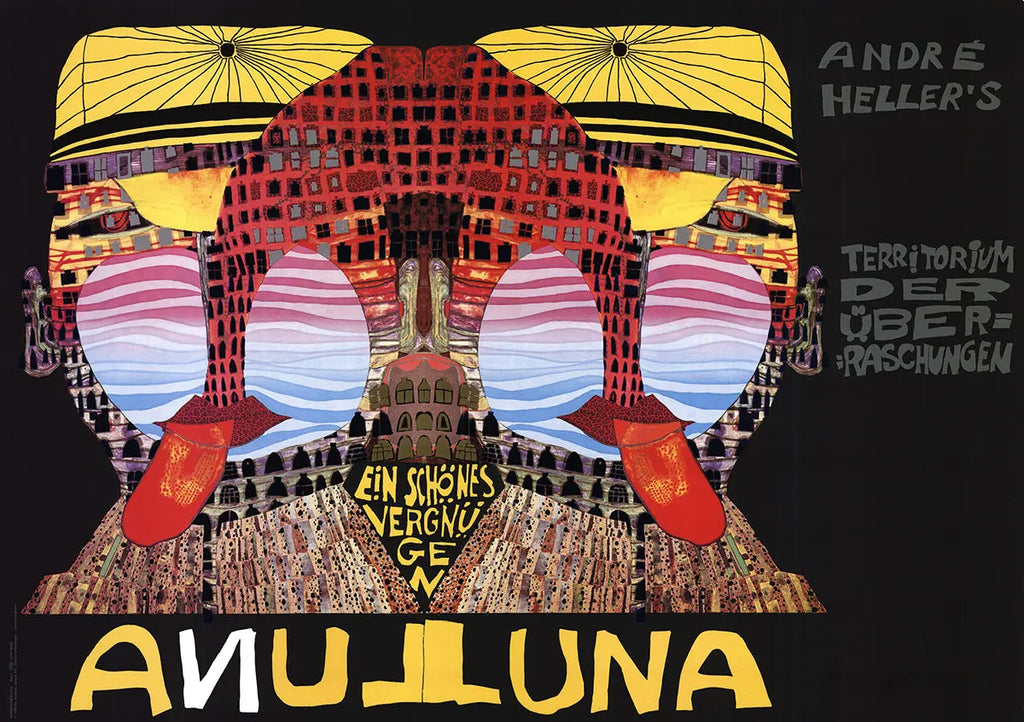 Limited edition Friedensreich Hundertwasser Luna Luna 1990 serigraph poster featuring vibrant abstract colors and organic shapes.