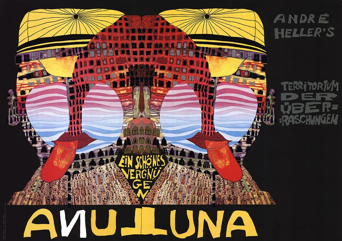 Limited edition Friedensreich Hundertwasser Luna Luna 1990 serigraph poster featuring vibrant abstract colors and organic shapes.