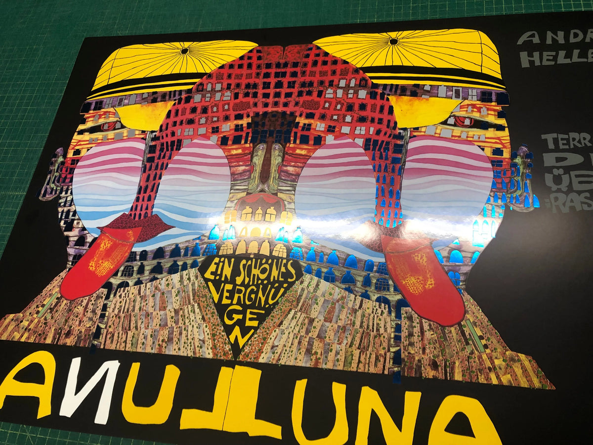 Limited edition Friedensreich Hundertwasser Luna Luna 1990 serigraph poster with vibrant, abstract design and bold colors.