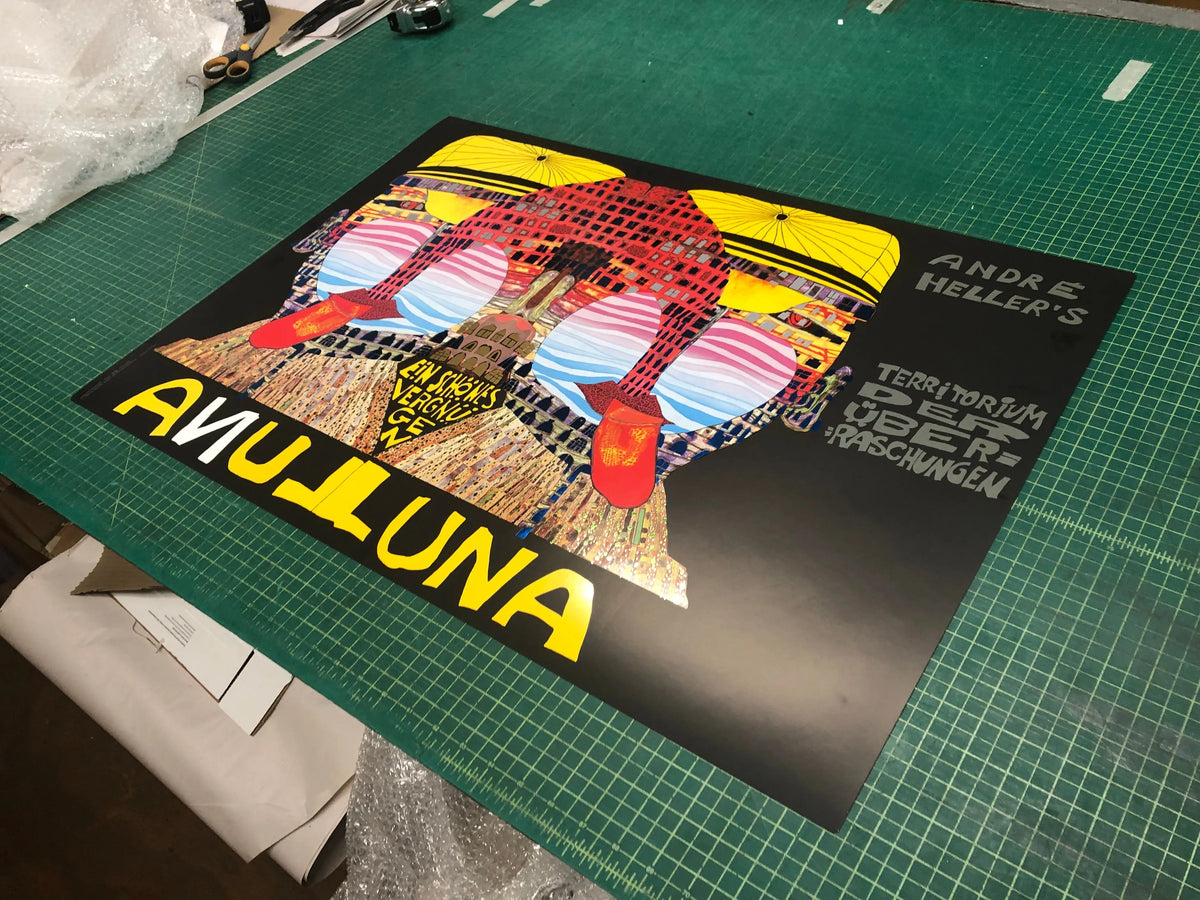 Limited edition Friedensreich Hundertwasser Luna Luna 1990 serigraph poster showcasing vibrant, abstract artwork in bold colors.